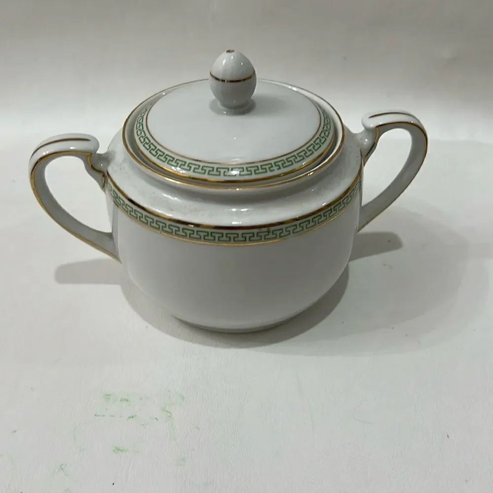 Heinrich H & Co Bavaria Sugar Bowl & Lid White Green Gold Trim 6 In X 4 3/4 In